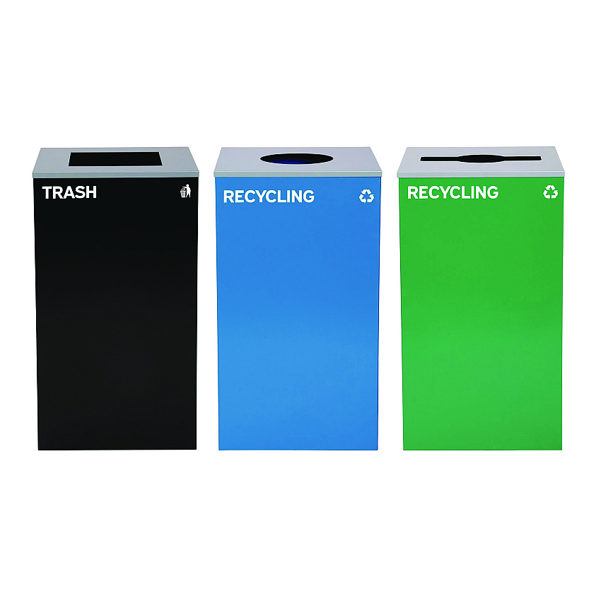 Alpine 29 Gallon Trash/Recycling Cans, Steel, Blue Recycling Can w/Circle Lid, Green Recycling w/Mixed Lid, Black Trash w/Square Lid (4450BLKKIT39)