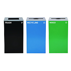Alpine 29 Gallon Trash/Recycling Cans, Steel, Blue Recycling and Green Mixed Recycling Can w/Mixed Lids, Black Trash Can w/Sq Lid (4450BLKKIT31)