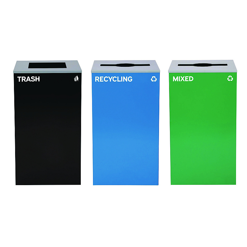 Alpine 29 Gallon Trash/Recycling Cans, Steel, Blue Recycling and Green Mixed Recycling Can w/Mixed Lids, Black Trash Can w/Sq Lid (4450BLKKIT31)
