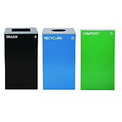 Alpine 29 Gallon Trash/Recycling Cans, Steel, Blue Recycling Can w/Circle Lid, Green Compost Can and Black Trash Can w/Square Lids (4450BLKKIT32)