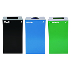 Alpine 29 Gallon Trash/Recycling Cans, Steel, Blue Mixed Recycling Can w/Circle Lid, Green Compost and Black Trash Cans w/Sq Lids (4450BLKKIT33)