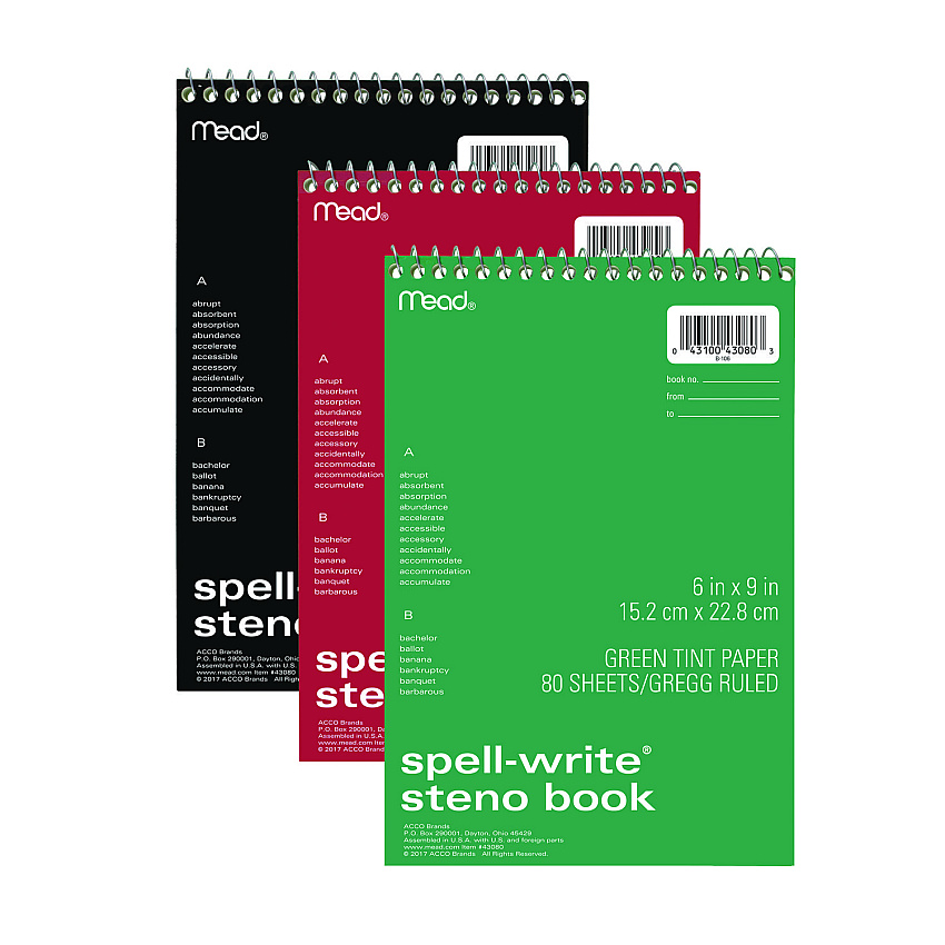 Mead Spell-Write Wirebound Steno Pad, Gregg Rule, Randomly Assorted Cover Colors, 80 Green 6 x 9 Sheets (43080)