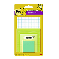 Post-it Pad Collection Assortment Pack with Transparent Notes, Assorted Colors/Ruling/Sizes, 4 Pads/Pack (4622SSGRIDTR)