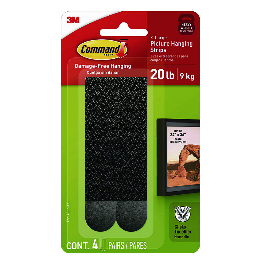 Command Picture Hanging Strips, X-Large, Removable, Holds up to 20 lbs per 4 Strips, Black, 4 Strip Pairs (17217BLKES)