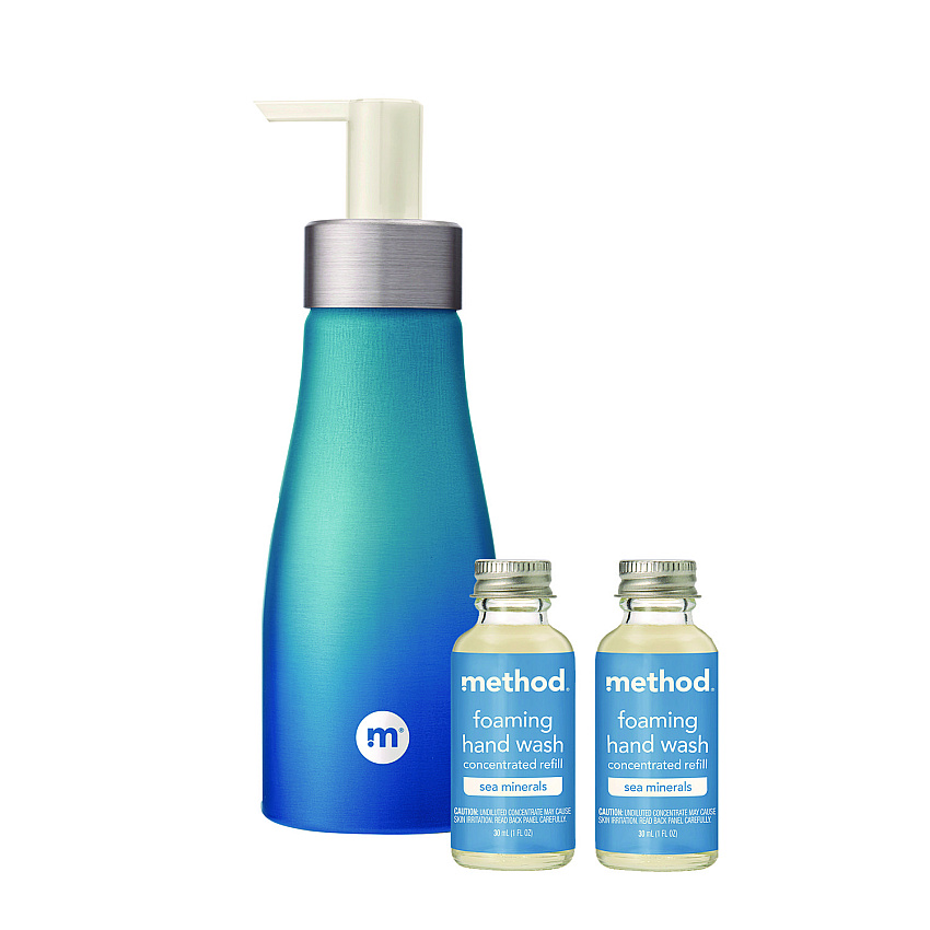 Method Refill + Reuse Foaming Hand Soap Refill Kit, Sea Minerals, (2) 1 oz Refill Bottles, 10 oz Dispenser Bottle (356001)