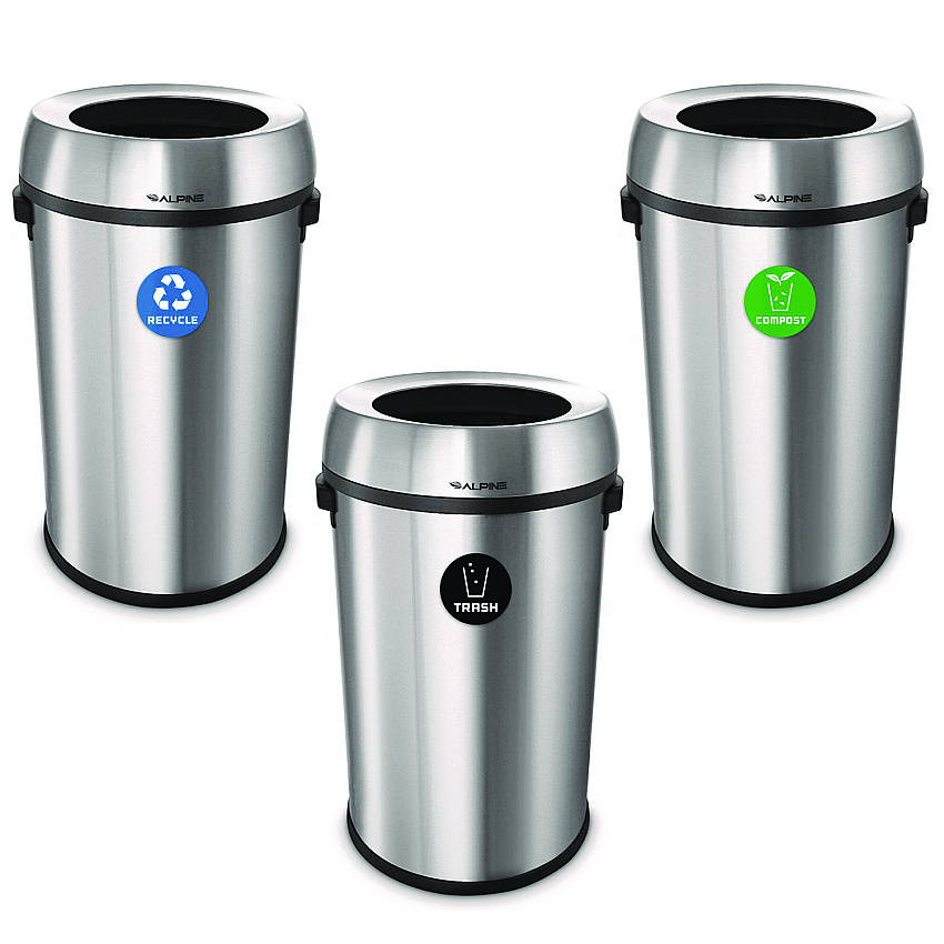 Alpine 17 Gallon Stainless Steel Open Top Recycling, Trash and Compost Station (47065LRTCO)