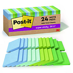 Post-it 100% Recycled Paper Super Sticky Notes, 3" x 3", Oasis, 70 Sheets/Pad, 24 Pads/Pack (654R24SSTCP)
