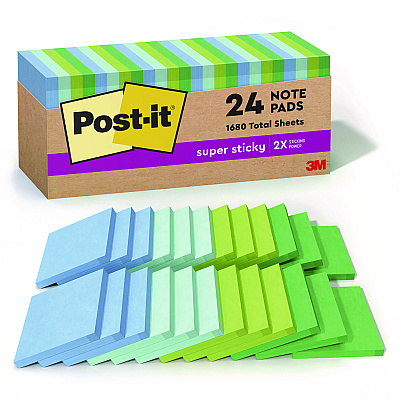 Post-it 100% Recycled Paper Super Sticky Notes, 3" x 3", Oasis, 70 Sheets/Pad, 24 Pads/Pack (654R24SSTCP)