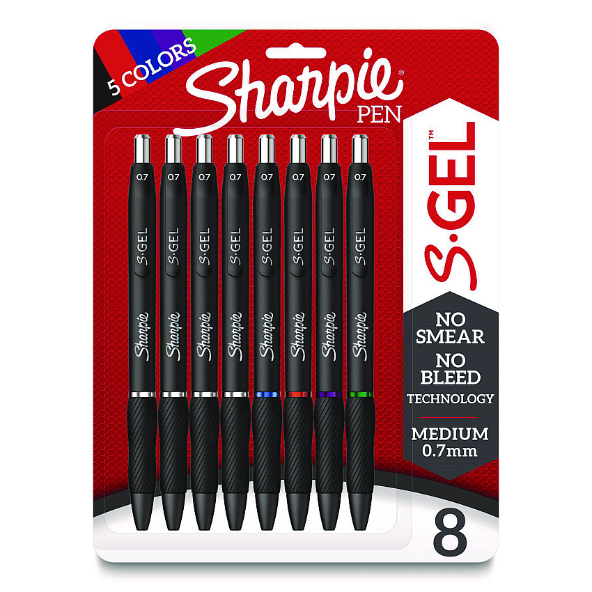 Sharpie S-Gel S-Gel High-Performance Gel Pen, Retractable, Medium 0.7 mm, Five Assorted Ink Colors, Black Barrel, 8/Pack (2126231)