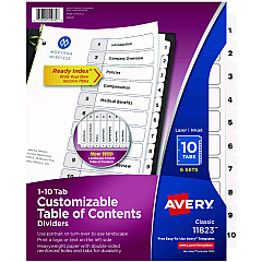 Avery Customizable Table of Contents Ready Index Black and White Dividers, 10-Tab, 1 to 10, 11 x 8.5, 6 Sets (11823)