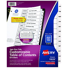 Avery Customizable Table of Contents Ready Index Black and White Dividers, 12-Tab, Jan. to Dec., 11 x 8.5, 6 Sets (11826)