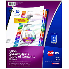 Avery Customizable Table of Contents Ready Index Multicolor Dividers, 31-Tab, 1 to 31, 11 x 8.5, White, 6 Sets (11831)