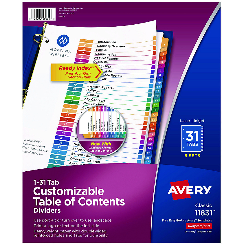 Avery Customizable Table of Contents Ready Index Multicolor Dividers, 31-Tab, 1 to 31, 11 x 8.5, White, 6 Sets (11831)