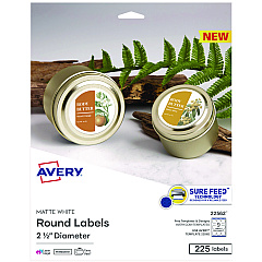 Avery Laser/Inkjet Media Labels, Inkjet/Laser Printers, 2.5" dia, Matte White, 9 Labels/Sheet, 25 Sheets/Pack (22562)