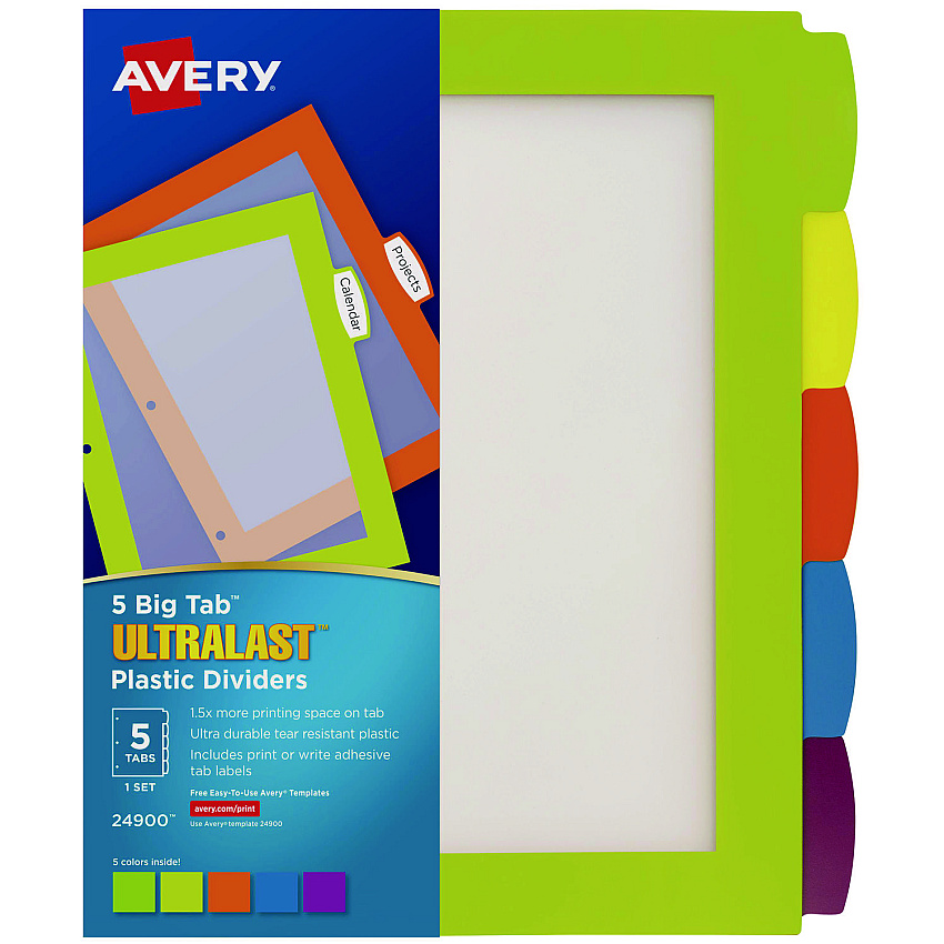 Avery Big Tab Ultralast Plastic Dividers, 5-Tab, 11 x 8.5, Assorted, 1 Set (24900)