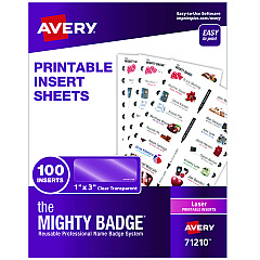 Avery The Mighty Badge Name Badge Inserts, 1 x 3, Clear, Laser, 20/Sheet, 5 Sheets/Pack (71210)