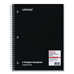 Universal Wirebound Notebook, 3 Subject, Medium/College Rule, Black Cover, 11 x 8.5, 120 Sheets (UNV66400)