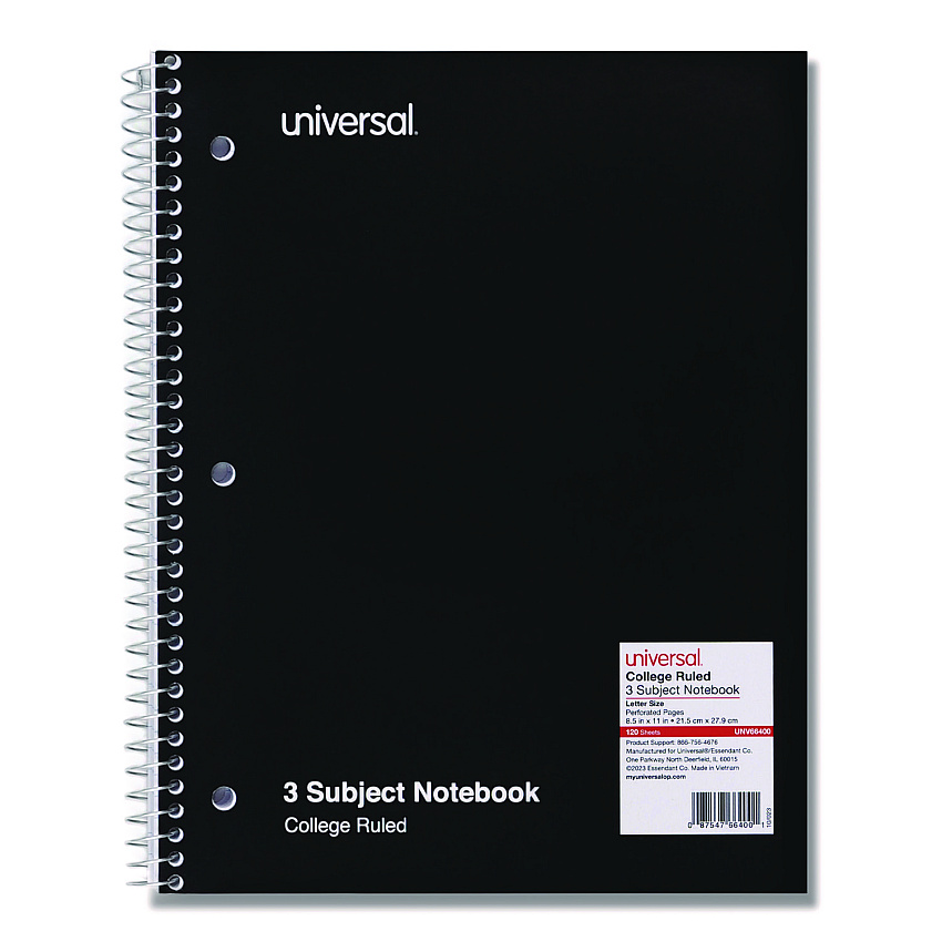 Universal Wirebound Notebook, 3 Subject, Medium/College Rule, Black Cover, 11 x 8.5, 120 Sheets (UNV66400)