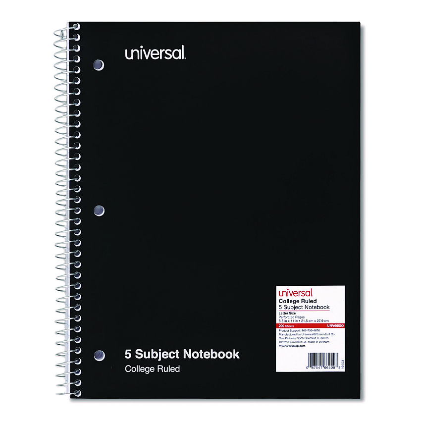 Universal Wirebound Notebook, 5 Subject, Medium/College Rule, Black Cover, 11 x 8.5, 200 Sheets (UNV66500)
