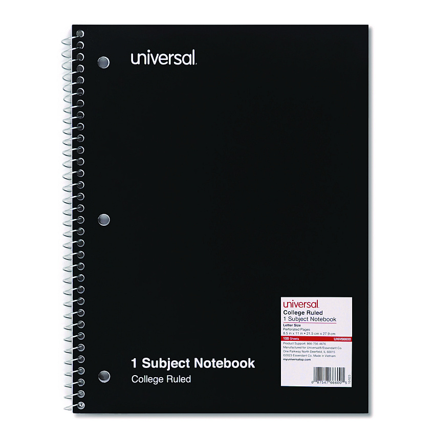 Universal Wirebound Notebook, 1 Subject, Medium/College Rule, Black Cover, 11 x 8.5, 100 Sheets (UNV66600)