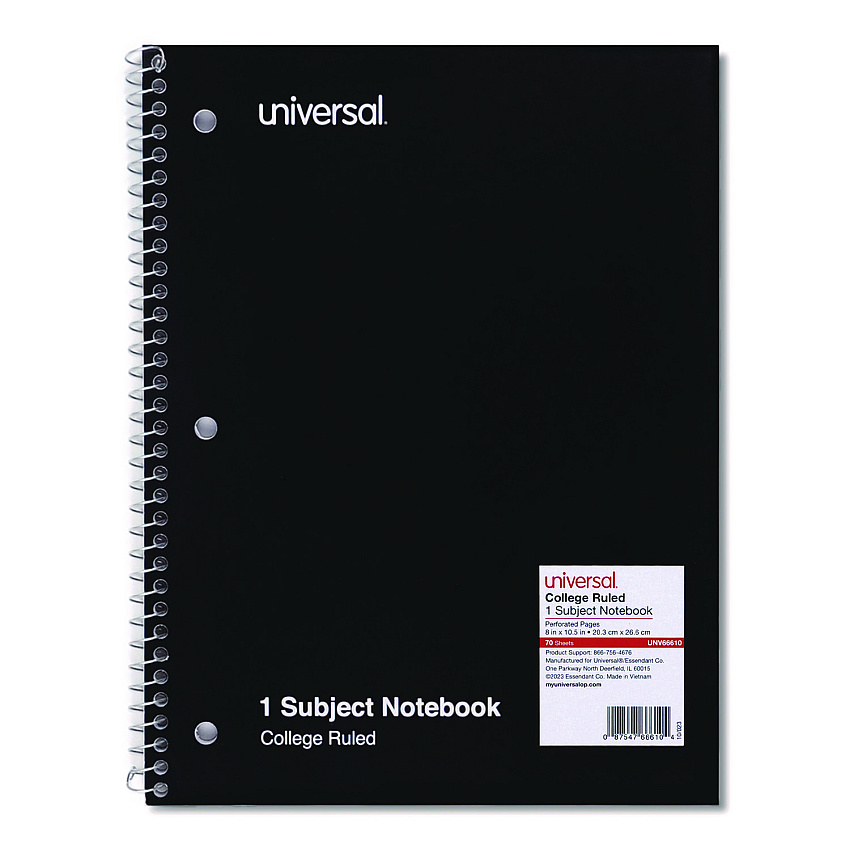 Universal Wirebound Notebook, 1 Subject, Medium/College Rule, Black Cover, 10.5 x 8, 70 Sheets (UNV66610)