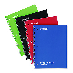 Universal Wirebound Notebook, 1 Subject, Medium/College Rule, Assorted Covers, 10.5 x 8, 70 Sheets, 4/Pack (UNV66614)