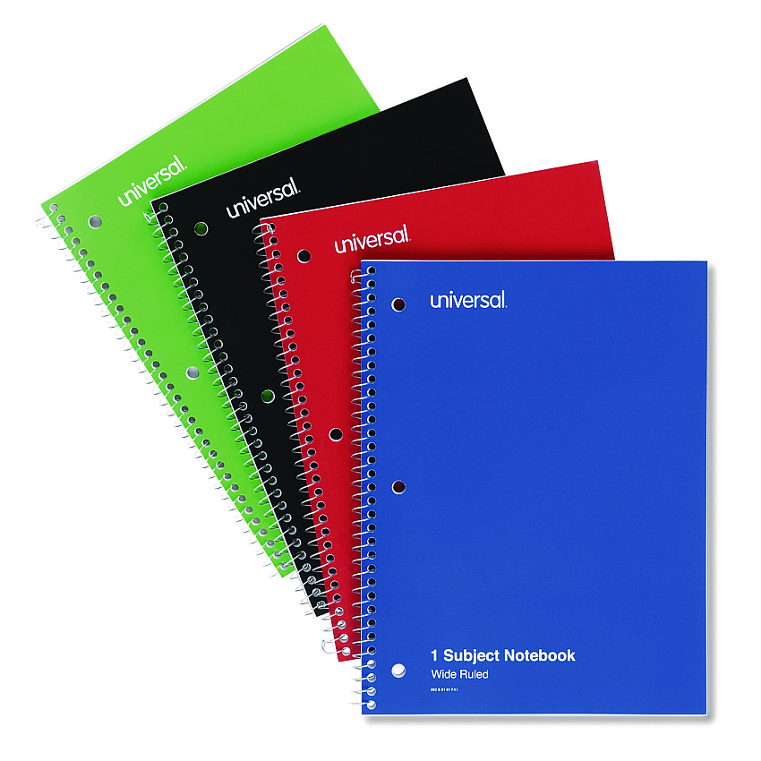 Universal Wirebound Notebook, 1 Subject, Wide/Legal Rule, Assorted Covers, 10.5 x 8, 70 Sheets, 4/Pack (UNV66624)