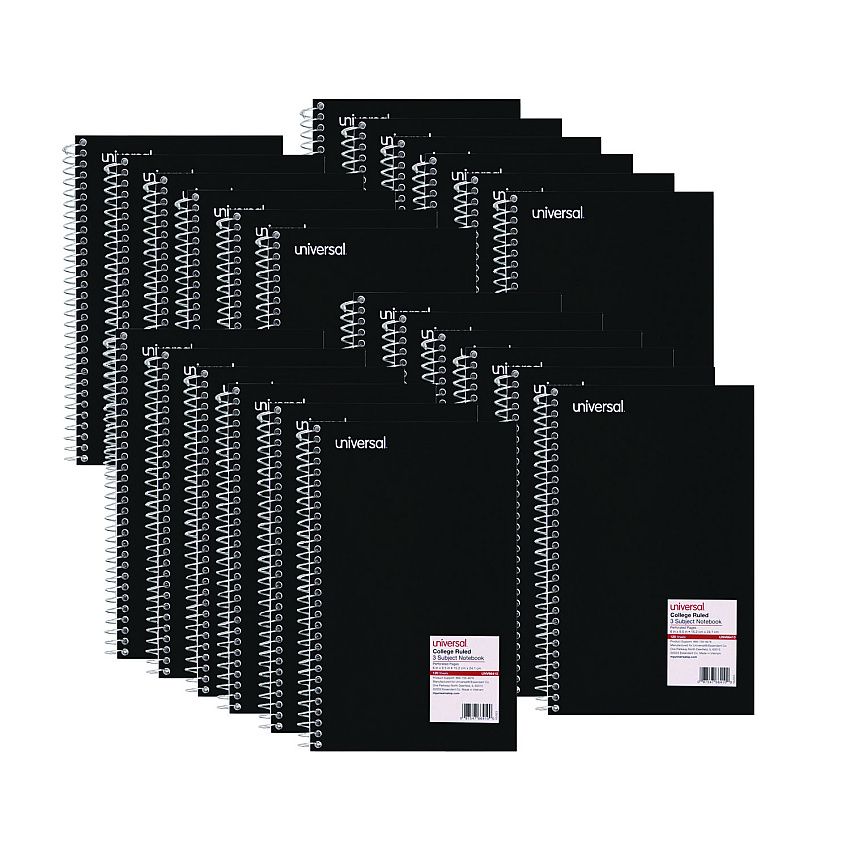 Universal Wirebound Notebook, 3 Subject, Medium/College Rule, Black Cover, 9.5 x 6, 120 Sheets (UNV66410)
