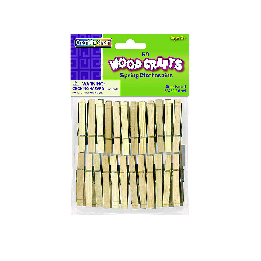 Creativity Street Wood Spring Clothespins, 3.38" Length, Natural, 50/Pack (365801)