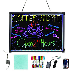 Alpine LED Illuminated Hanging Message Writing Board, 19.7" x 27.6", Black Surface, Black Aluminum Frame (ALP49503)