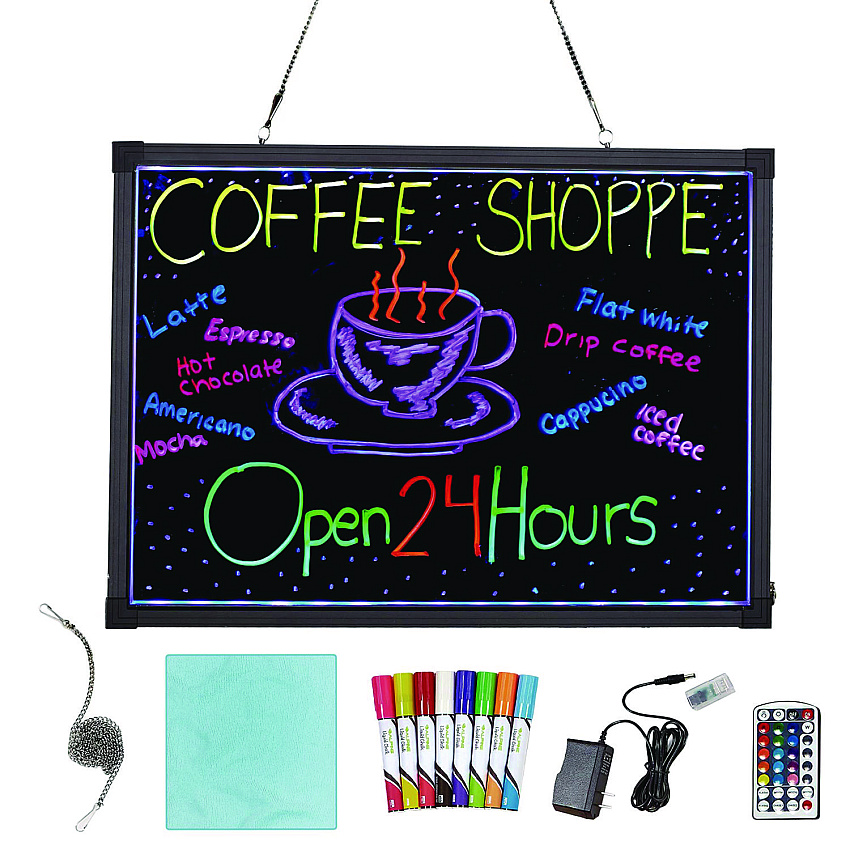 Alpine LED Illuminated Hanging Message Writing Board, 19.7" x 27.6", Black Surface, Black Aluminum Frame (ALP49503)