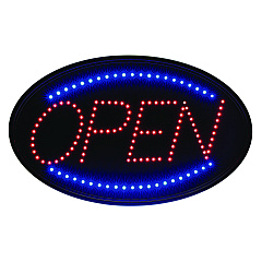 Alpine LED Oval Open Sign, 23 x 14, Black Frame, Blue/Red Graphics (ALP49702)