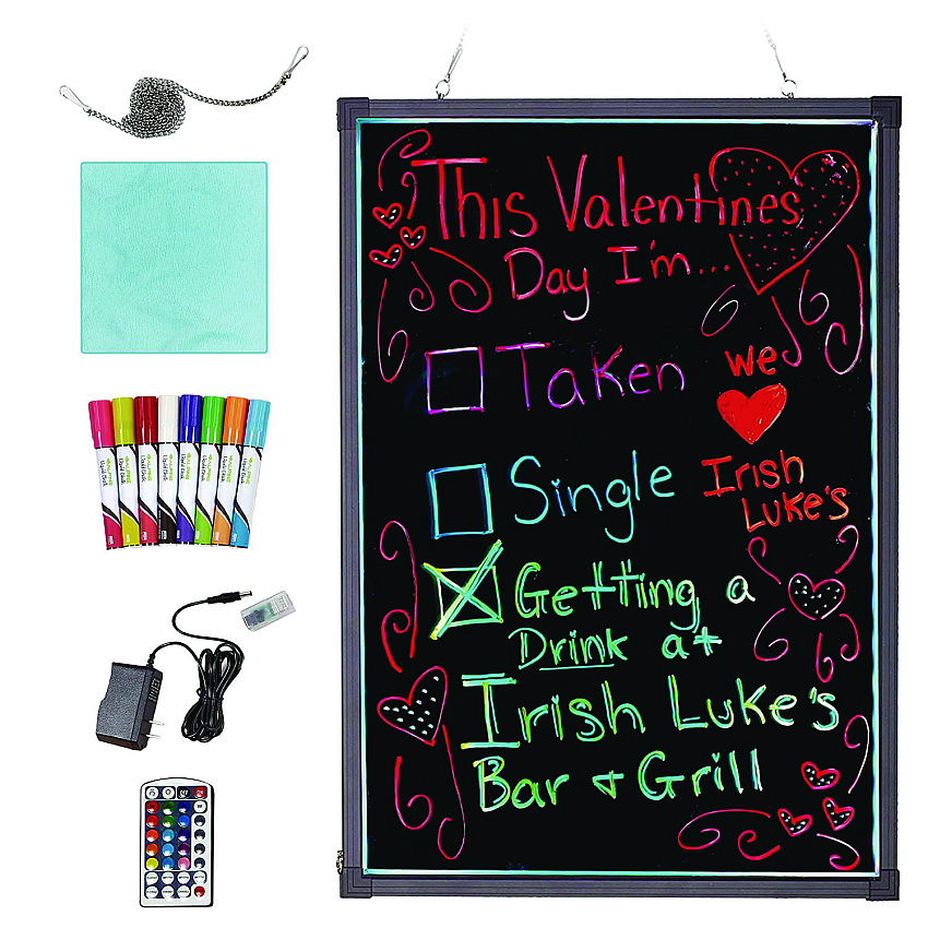 Alpine LED Illuminated Hanging Message Writing Board, 23.6" x 31.5", Black Surface, Black Aluminum Frame (ALP49504)