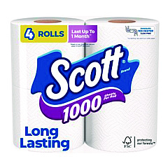 Scott 1000 Bathroom Tissue, Septic Safe, 1-Ply, White, 1,000 Sheets/Roll, 4 Rolls/Pack, 12 Packs/Carton (10183)