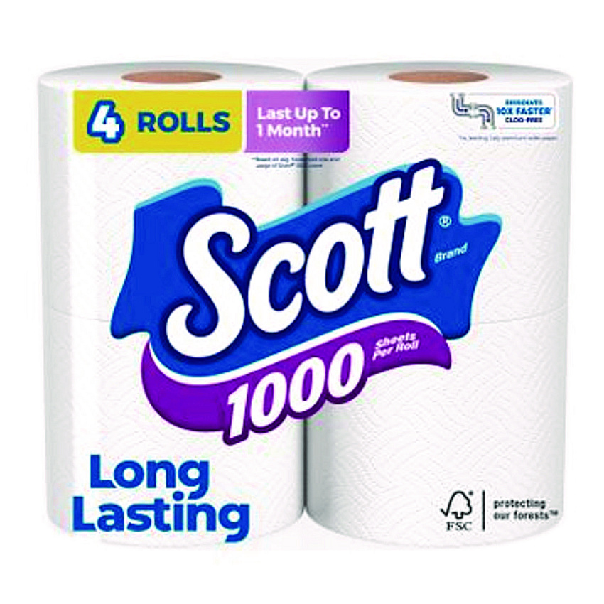 Scott 1000 Bathroom Tissue, Septic Safe, 1-Ply, White, 1,000 Sheets/Roll, 4 Rolls/Pack, 12 Packs/Carton (10183)
