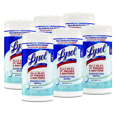 LYSOL Brand Disinfecting Wipes, 7 x 7.25, Crisp Linen, 80 Wipes/Canister, 6 Canisters/Carton (89346CT)