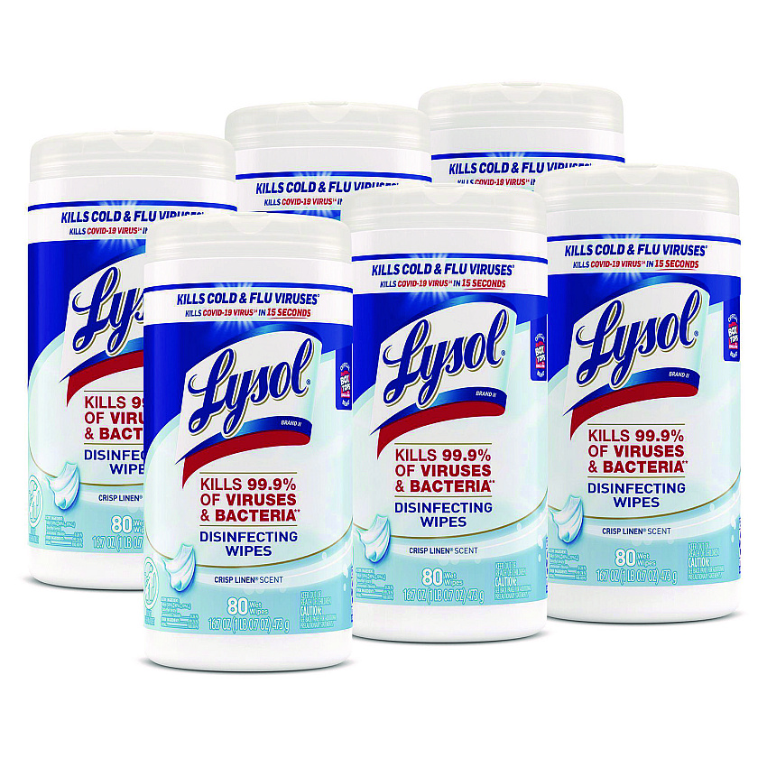 LYSOL Brand Disinfecting Wipes, 7 x 7.25, Crisp Linen, 80 Wipes/Canister, 6 Canisters/Carton (89346CT)