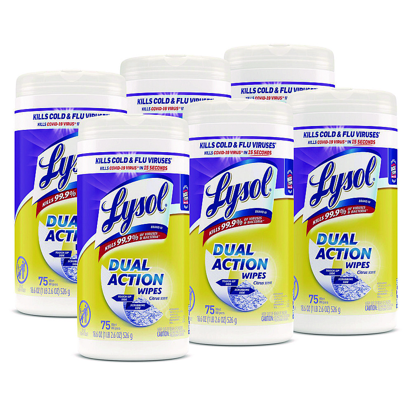 LYSOL Brand Dual Action Disinfecting Wipes, 7 x 7.5, Citrus, White/Purple, 75/Canister, 6/Carton (81700CT)