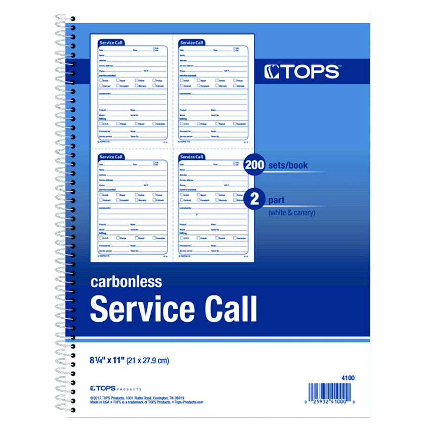TOPS Service Call Book, Two-Part Carbonless, 4 x 5.5, 4/Page, 200 Forms (4100)