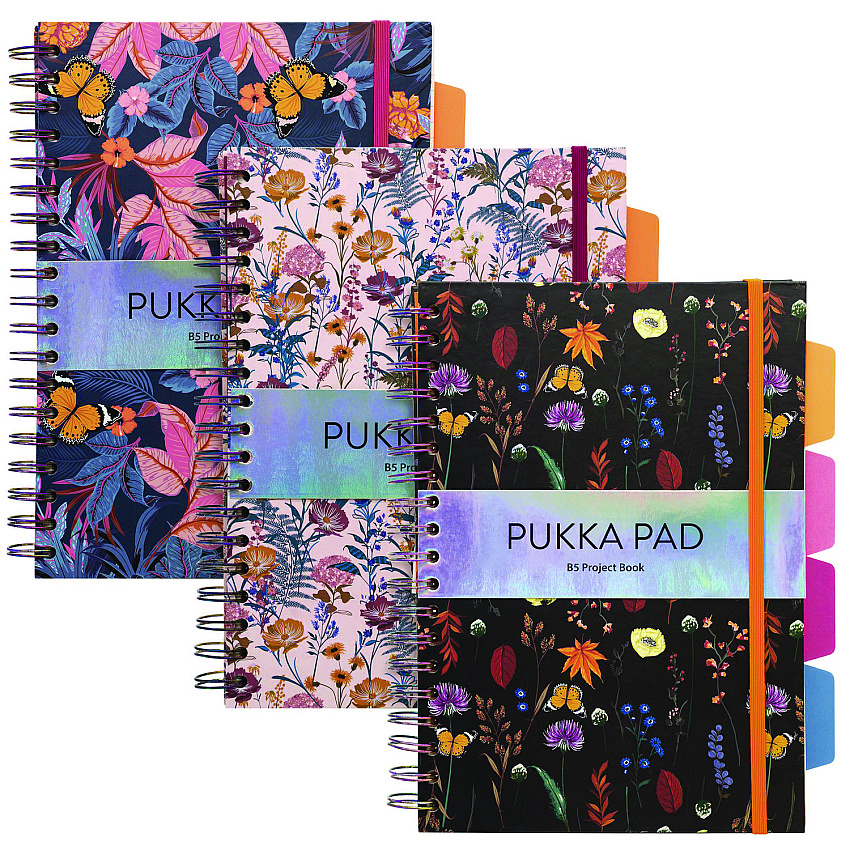 PUKKA PAD B5 Size Project Book, 4-Subject, Medium/College Rule, Assorted Blum Floral Covers, (100) 9.8 x 6.9 Sheets, 3/Pack (9494BLMASST)