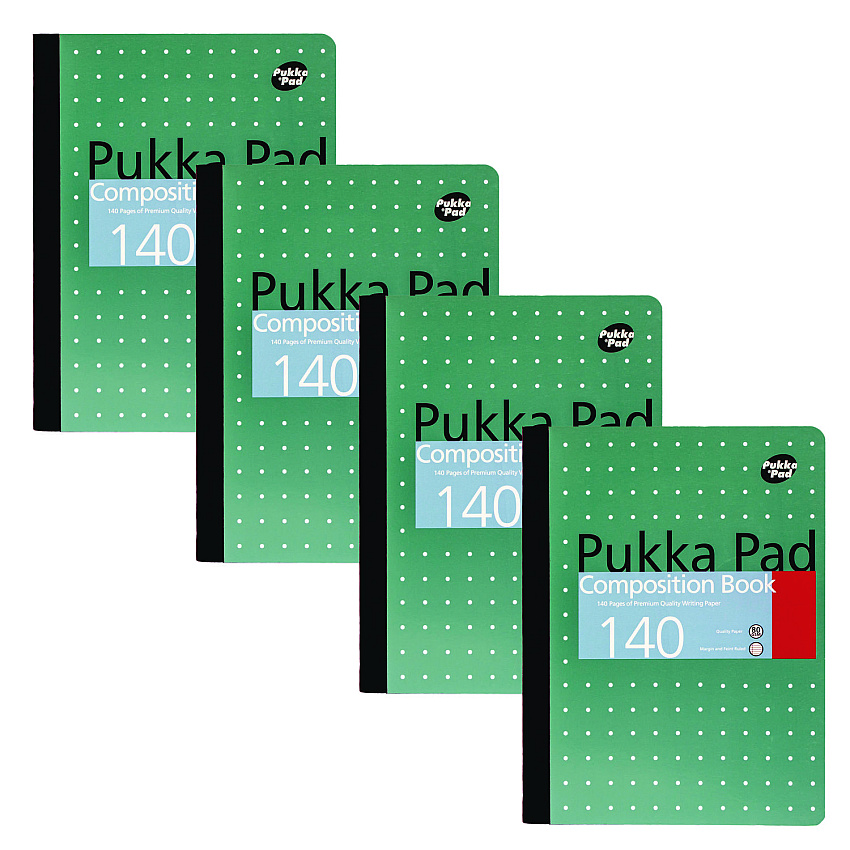 PUKKA PAD Composition Book, Medium/College Rule, Metallic Green with White Dots Cover, (70) 9.75 x 7.5 Sheets, 4/Pack (8796MET)