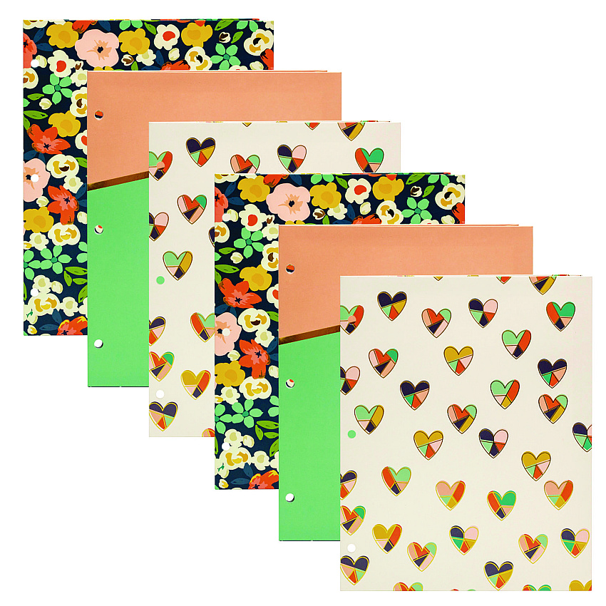 PUKKA PAD Two-Pocket Portfolio Folder, 1" Capacity, 9.6 x 11.9, Floral/Geometric/Hearts, 6/Pack (9098CD)