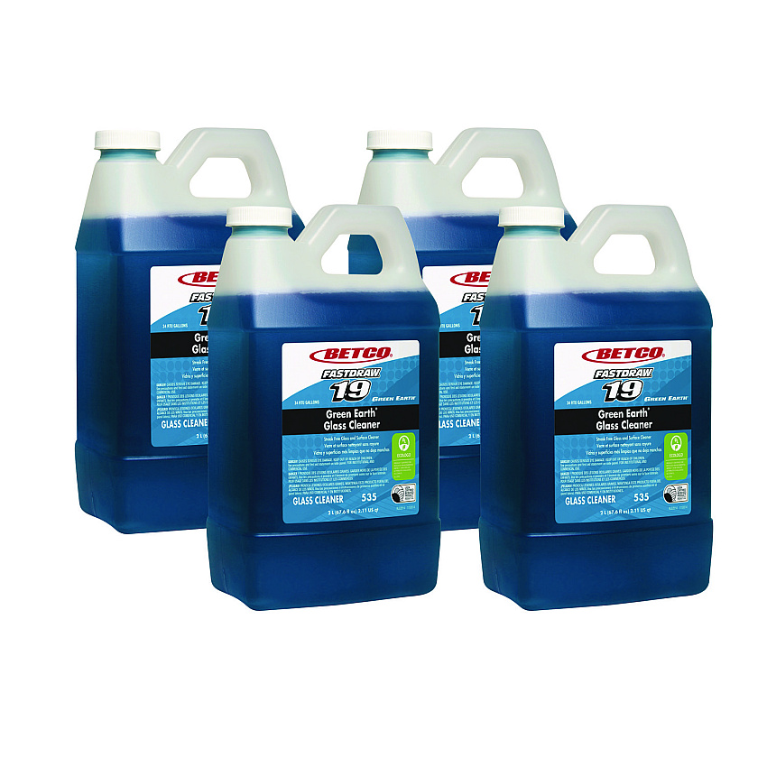 Betco Fastdraw 19 Green Earth Glass Cleaner, Pleasant Scent, 2 L Bottle, 4/Carton (5354700)