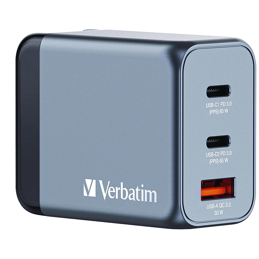 Verbatim 65 W 3-Port GaN Wall Charger, Black/Gray (32201)