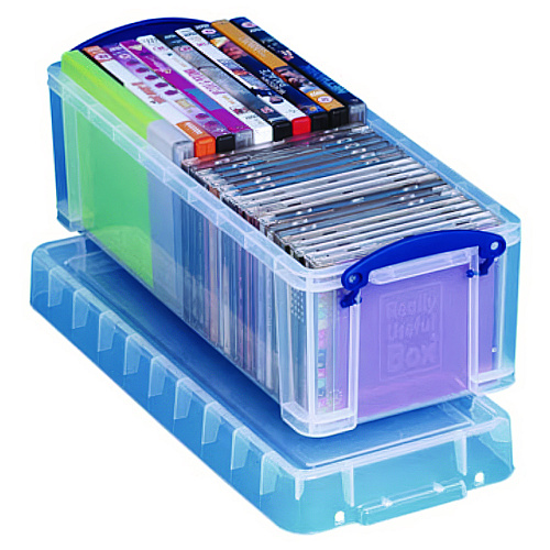 Really Useful Box Snap-Lid CD/DVD Storage Bin, 1.72 gal, 7.13" x 17.25" x 6.25", Clear/Blue (65C)
