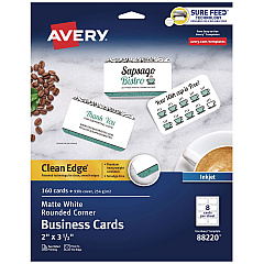 Avery Round Corner Print-to-the-Edge Business Cards, Inkjet, 2 x 3.5, White, 160 Cards, 8 Cards/Sheet, 20 Sheets/Pack (88220)