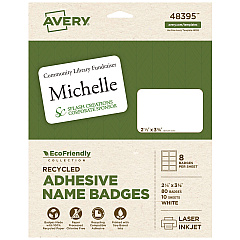 Avery EcoFriendly Adhesive Name Badge Labels, 3.38 x 2.33, White, 80/Pack (48395)