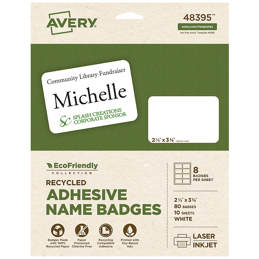 Avery EcoFriendly Adhesive Name Badge Labels, 3.38 x 2.33, White, 80/Pack (48395)
