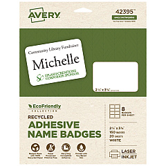 Avery EcoFriendly Adhesive Name Badge Labels, 3.38 x 2.33, White, 160/Box (42395)