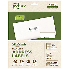 Avery EcoFriendly Mailing Labels, Inkjet/Laser Printers, 1 x 2.63, White, 30/Sheet, 25 Sheets/Pack (48160)